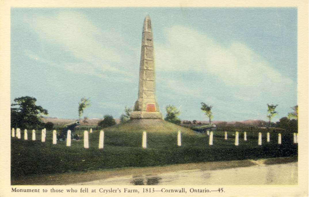 Monument to those who fell at Crysler's Farm,1813, Cornwall, Ontario postcard