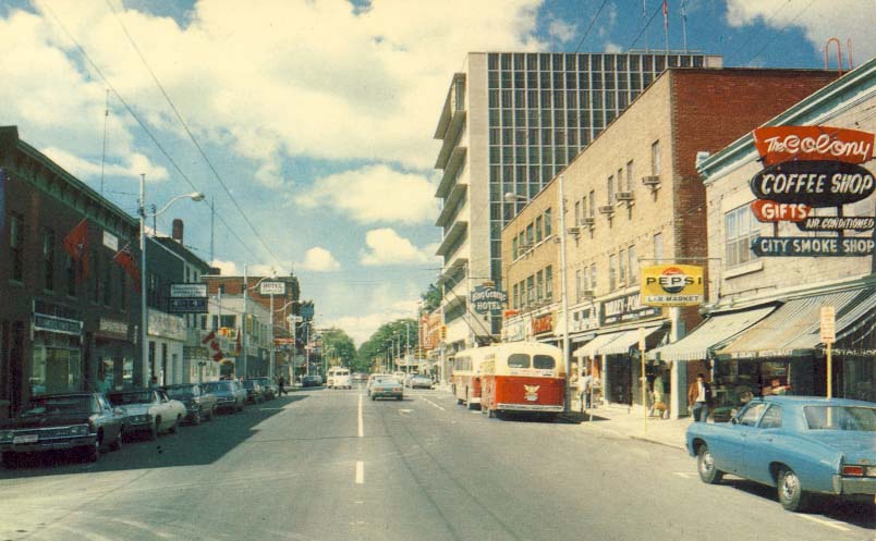 Second Street, business district looking west to Seaway Building postcard