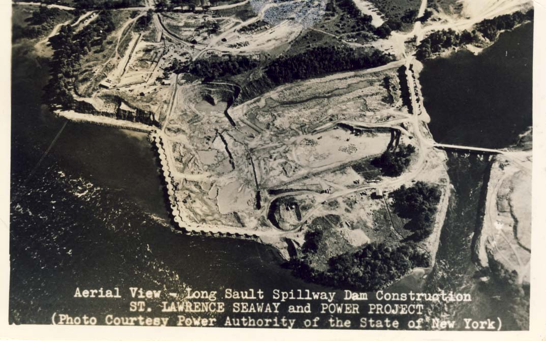 Aerial view - Long Sault spillway dam construction postcard