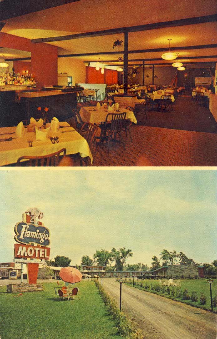 Flamingo Motel, Torch Room and dining lounge postcard