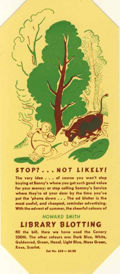 Howard Smith library blotting: stop? Not likely!, blotter 1930s