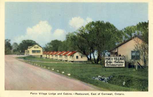 Parco Village, lodge and cabins, restaurant, east of Cornwall, Ontario postcard