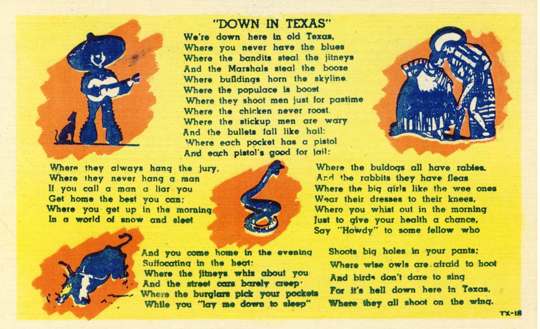 Down in Texas postcard 1930s