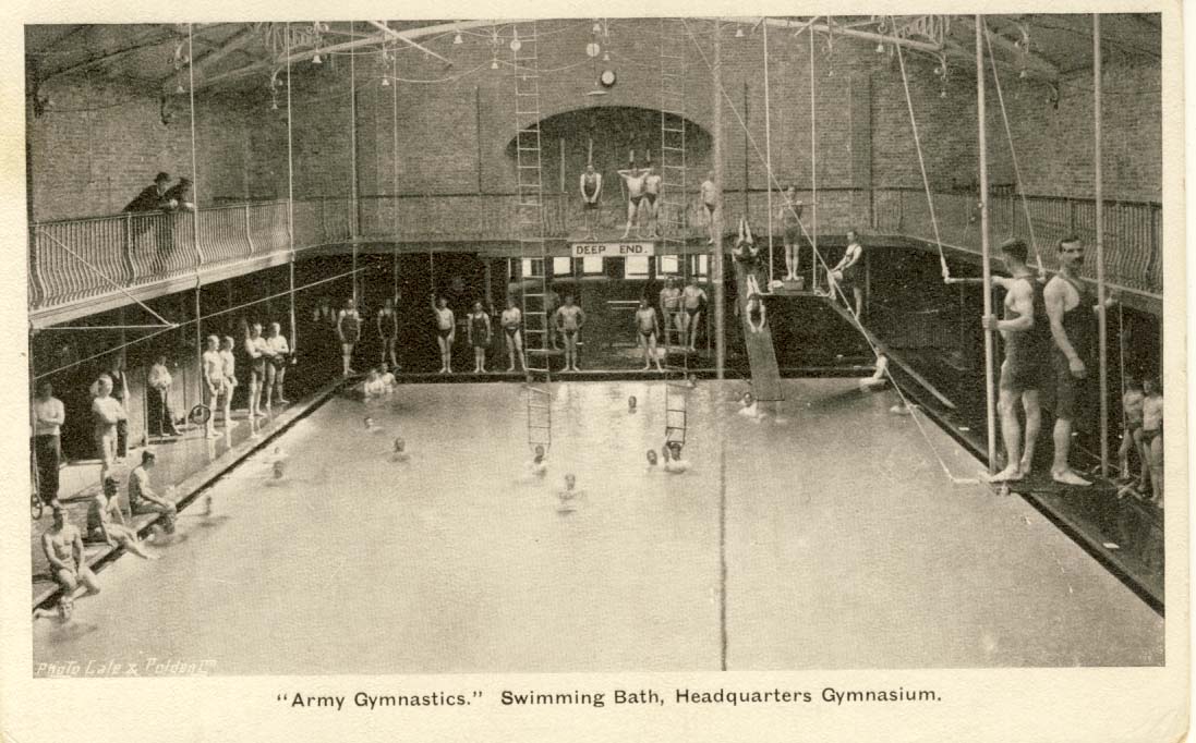Army gymnastics: swimming bath, headquarters gymnasium postcard