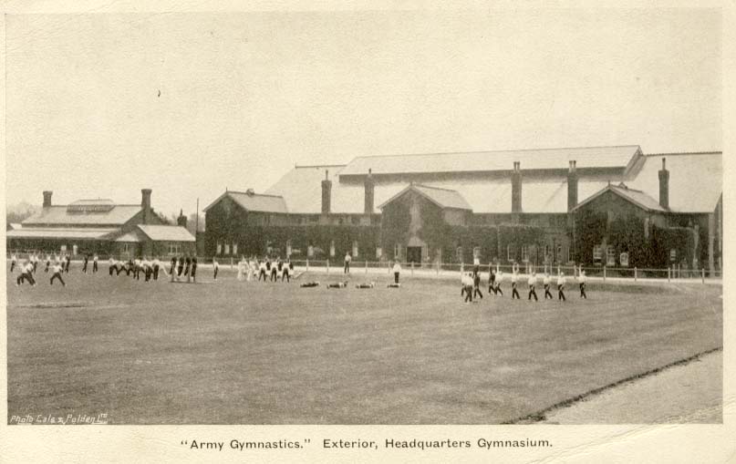 Army gymnastics: exterior, headquarters gymnasium postcard