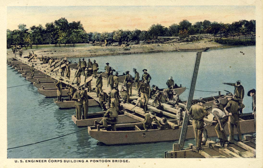 U.S. Engineer Corps building a pontoon bridge postcard