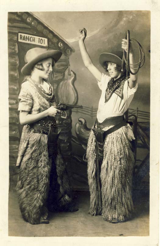 Ranch 101, two women dressed as cowgirls, c1900s.