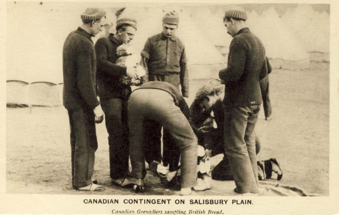 Canadian contingent on Salisbury Plain: Canadian Grenadiers sampling British bread postcard