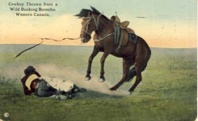 Cowboy thrown from a wild bucking broncho, western Canada, 1910.